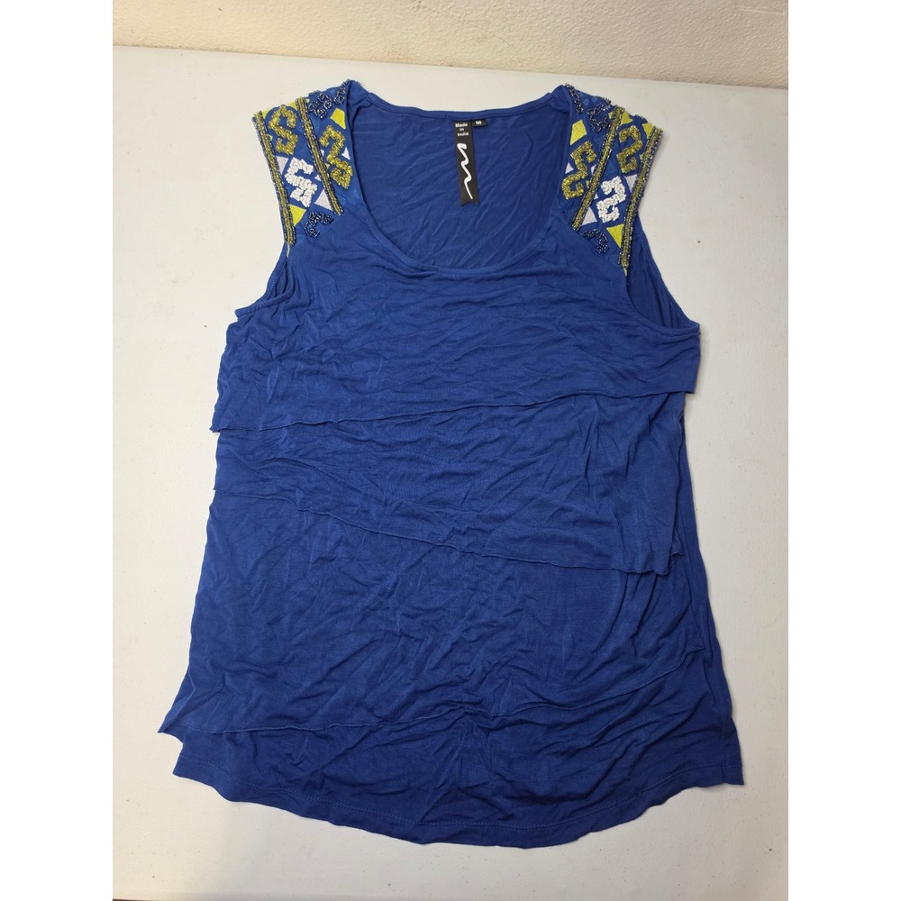 M. Studio Womens Royal Blue Tiered Tank Top Beaded Shoulder Size M